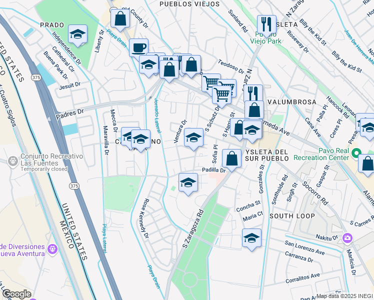 map of restaurants, bars, coffee shops, grocery stores, and more near 8919 Ortega Court in El Paso