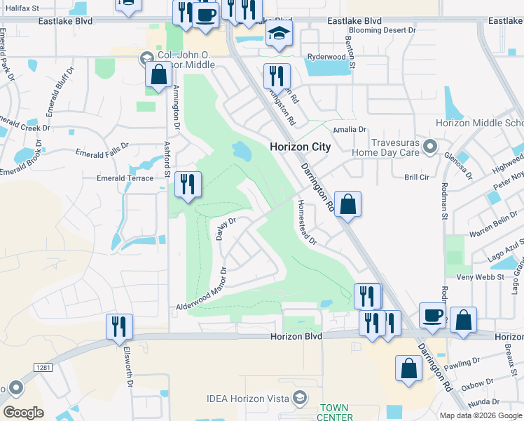 map of restaurants, bars, coffee shops, grocery stores, and more near 16035 Darley Drive in Horizon City