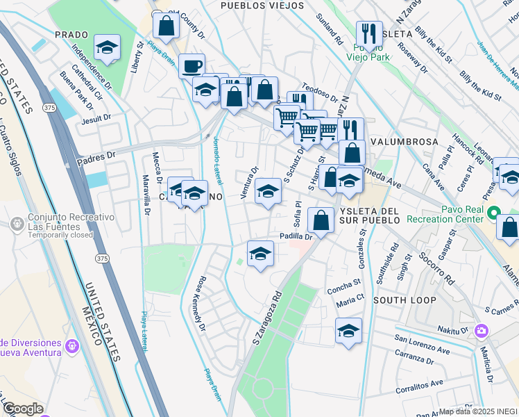 map of restaurants, bars, coffee shops, grocery stores, and more near 8919 Ortega Court in El Paso