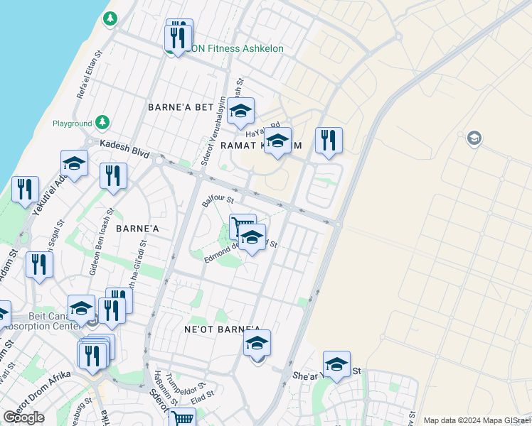 map of restaurants, bars, coffee shops, grocery stores, and more near 41 Balfour Street in Ashkelon