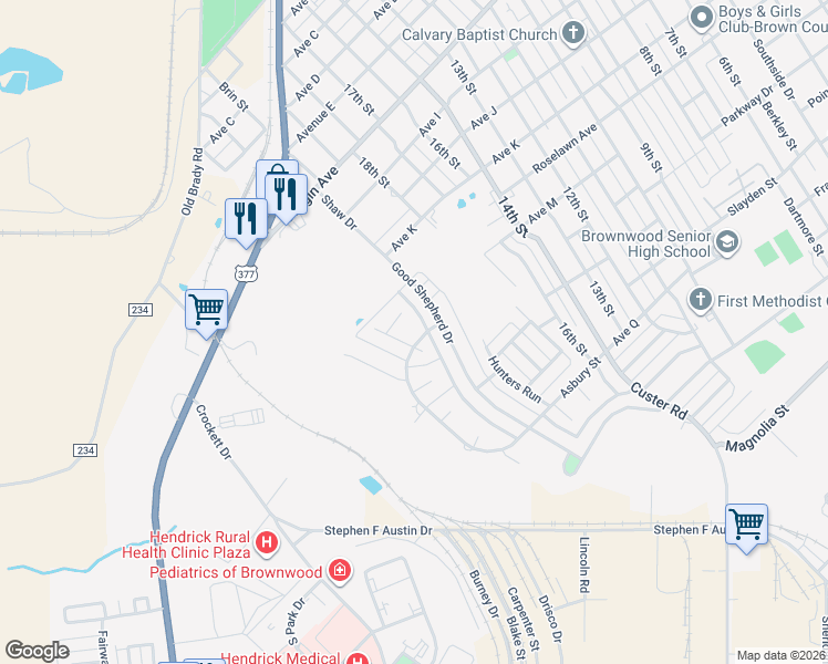 map of restaurants, bars, coffee shops, grocery stores, and more near 3201 Redstone Court in Brownwood