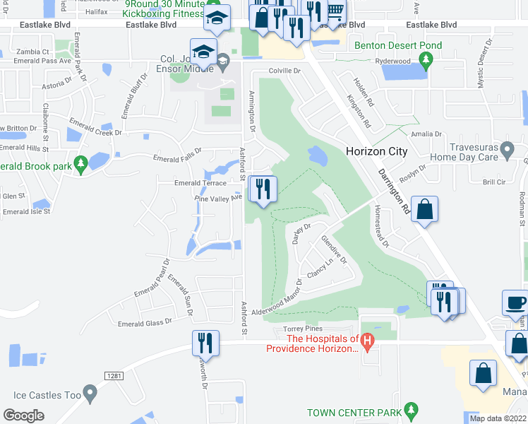map of restaurants, bars, coffee shops, grocery stores, and more near 16000 Ashford Street in Horizon City