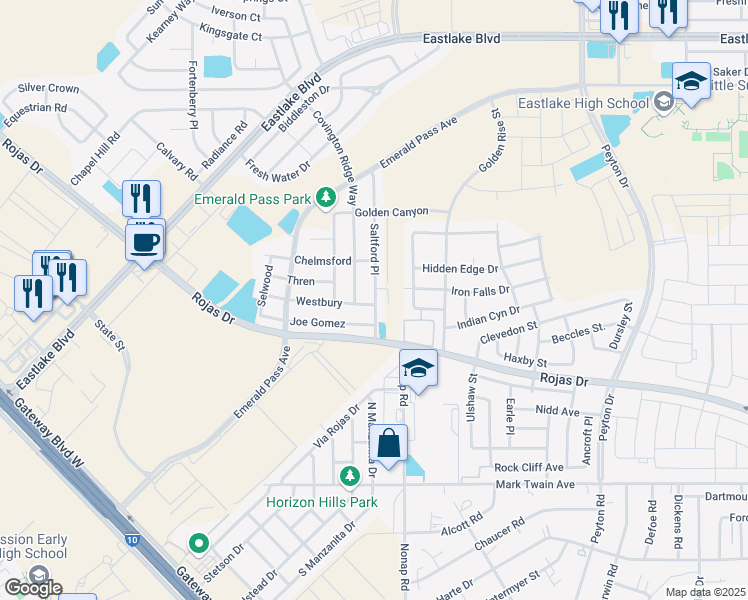 map of restaurants, bars, coffee shops, grocery stores, and more near 237 Saltford Place in El Paso