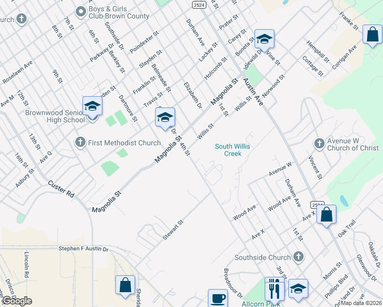 map of restaurants, bars, coffee shops, grocery stores, and more near 3000 4th Street in Brownwood