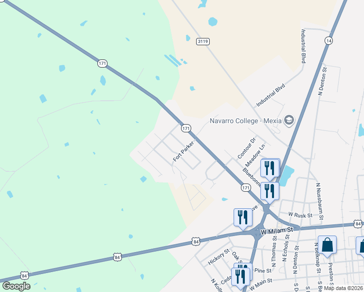 map of restaurants, bars, coffee shops, grocery stores, and more near 1003 Brentwood Street in Mexia