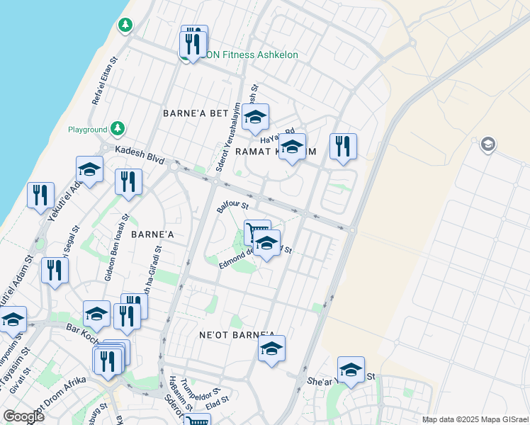 map of restaurants, bars, coffee shops, grocery stores, and more near 33 Balfour Street in Ashkelon