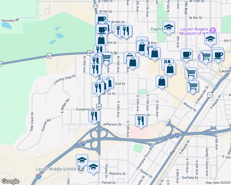 map of restaurants, bars, coffee shops, grocery stores, and more near 131 North 15th Avenue in Laurel