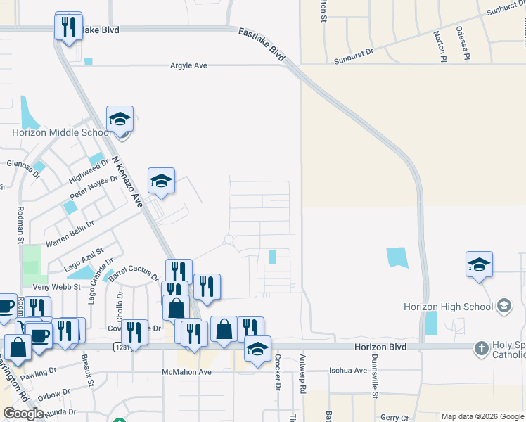 map of restaurants, bars, coffee shops, grocery stores, and more near 14341 Chris Zingo Lane in Horizon City
