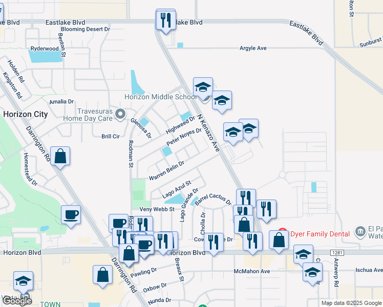 map of restaurants, bars, coffee shops, grocery stores, and more near 14133 De Stefano Lane in Horizon City
