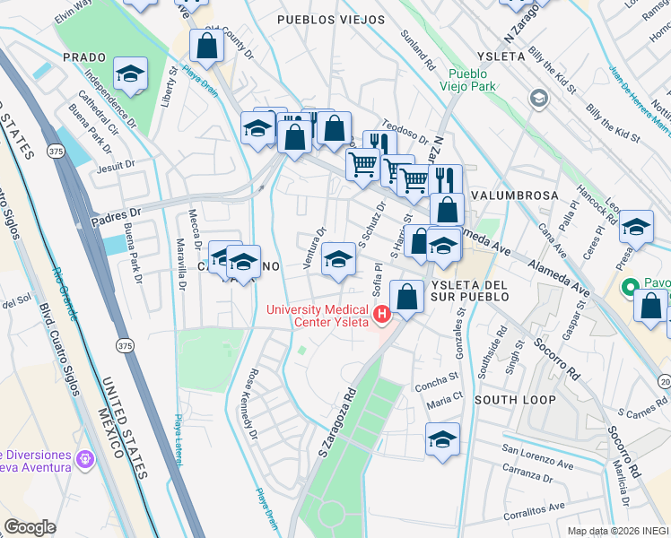 map of restaurants, bars, coffee shops, grocery stores, and more near 212 South Schutz Drive in El Paso