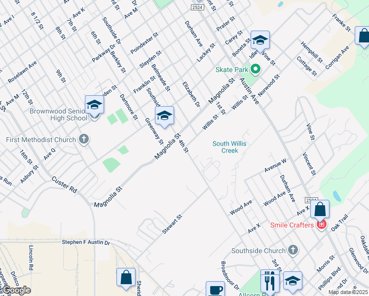 map of restaurants, bars, coffee shops, grocery stores, and more near 2800 4th Street in Brownwood