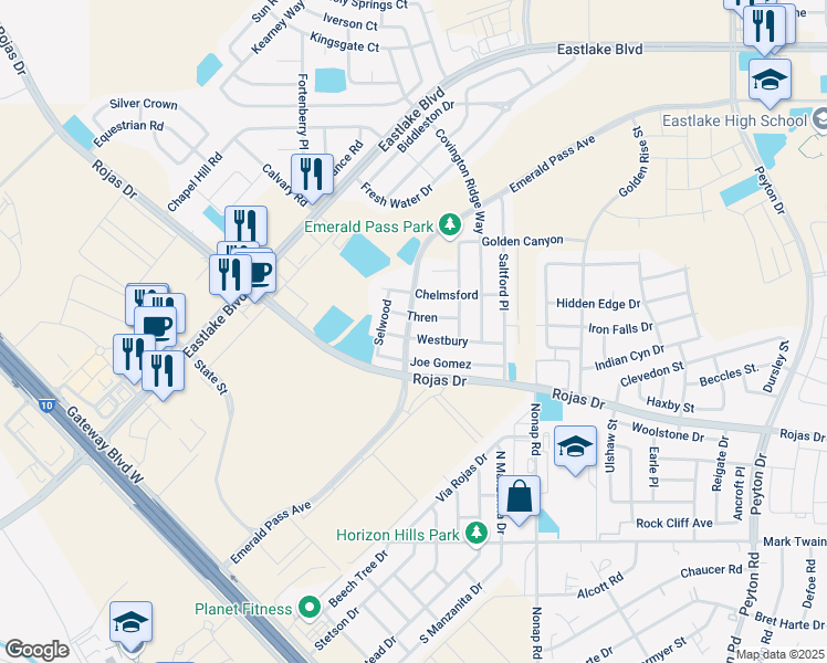 map of restaurants, bars, coffee shops, grocery stores, and more near 12335 Thren in El Paso