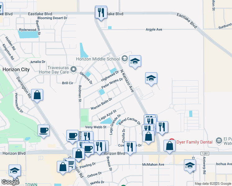 map of restaurants, bars, coffee shops, grocery stores, and more near 304 Jim Hofher Place in Horizon City