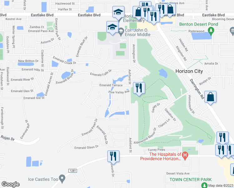 map of restaurants, bars, coffee shops, grocery stores, and more near 13432 Pine Valley Avenue in Horizon City