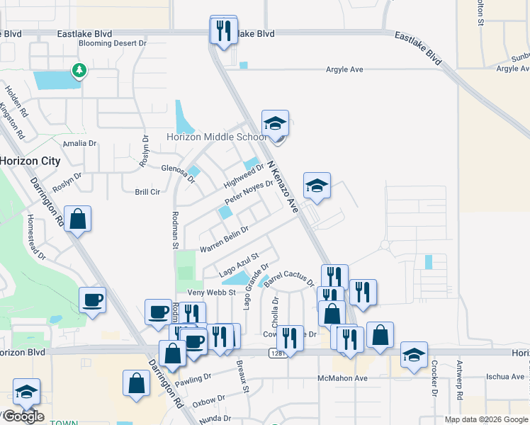 map of restaurants, bars, coffee shops, grocery stores, and more near 309 Warren Belin Drive in Horizon City