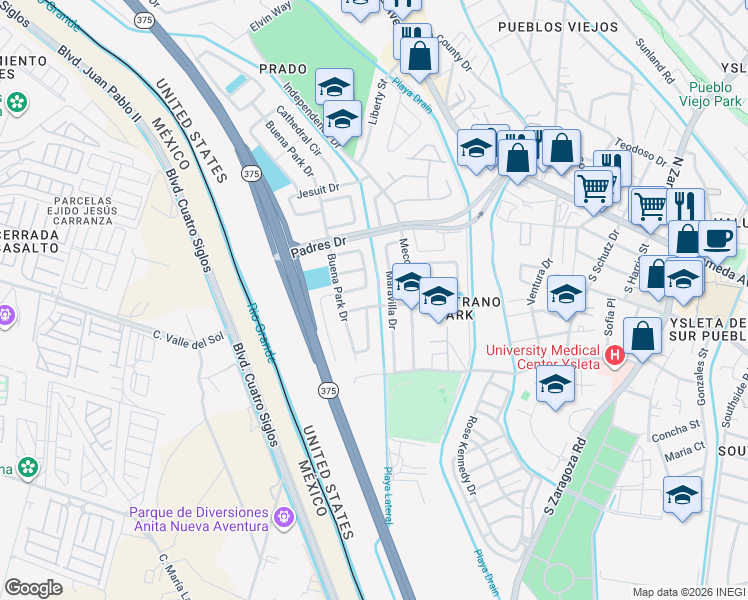 map of restaurants, bars, coffee shops, grocery stores, and more near 230 Romeria Drive in El Paso