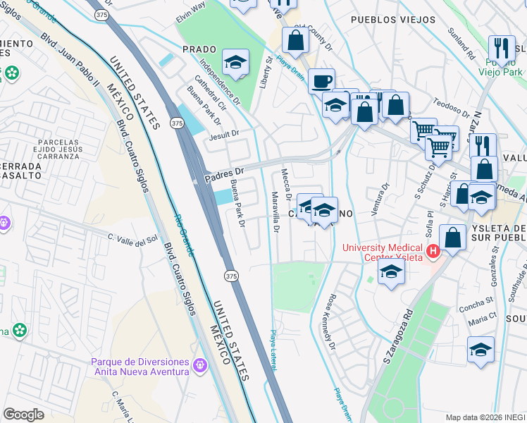 map of restaurants, bars, coffee shops, grocery stores, and more near 230 Romeria Drive in El Paso