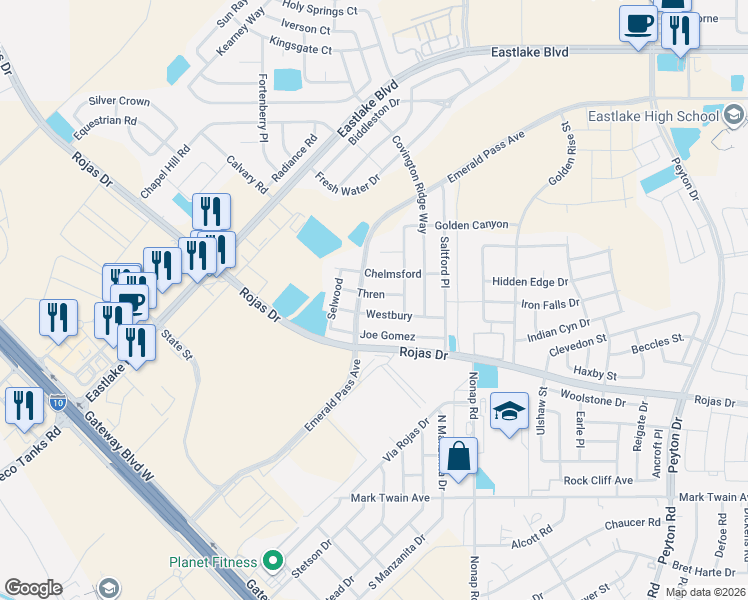 map of restaurants, bars, coffee shops, grocery stores, and more near 12335 Thren in El Paso