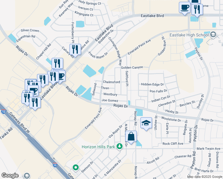 map of restaurants, bars, coffee shops, grocery stores, and more near 258 Silver Hill in El Paso