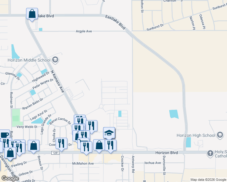 map of restaurants, bars, coffee shops, grocery stores, and more near 14341 Chris Zingo Lane in Horizon City