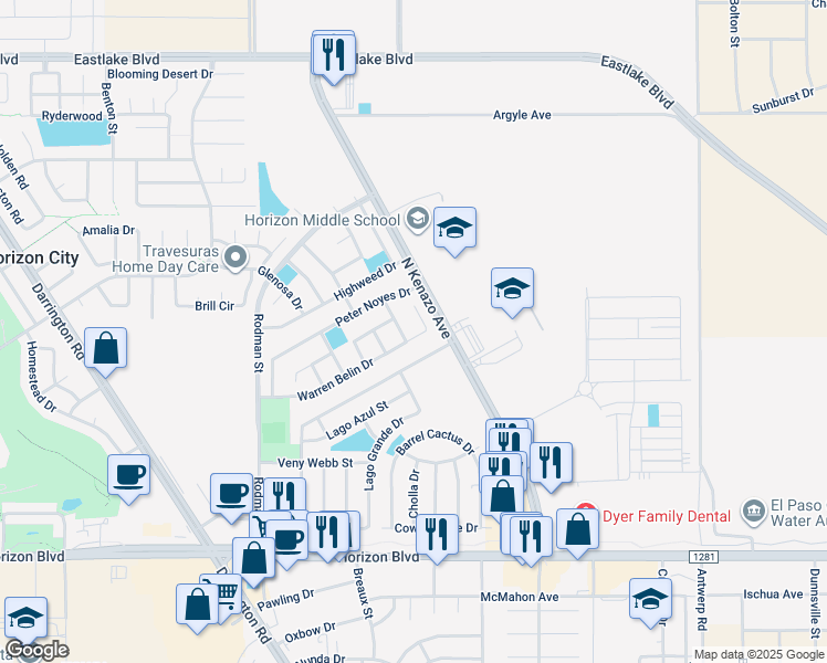 map of restaurants, bars, coffee shops, grocery stores, and more near 309 Warren Belin Drive in Horizon City