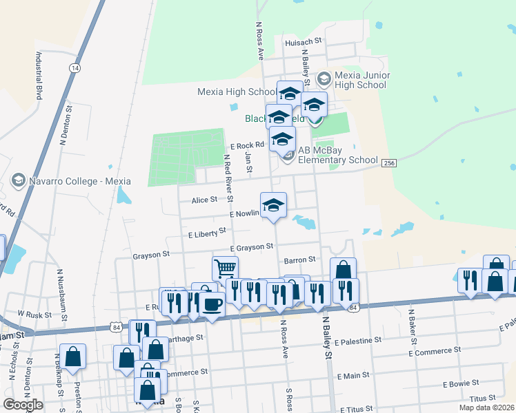 map of restaurants, bars, coffee shops, grocery stores, and more near 813 East Nowlin Street in Mexia
