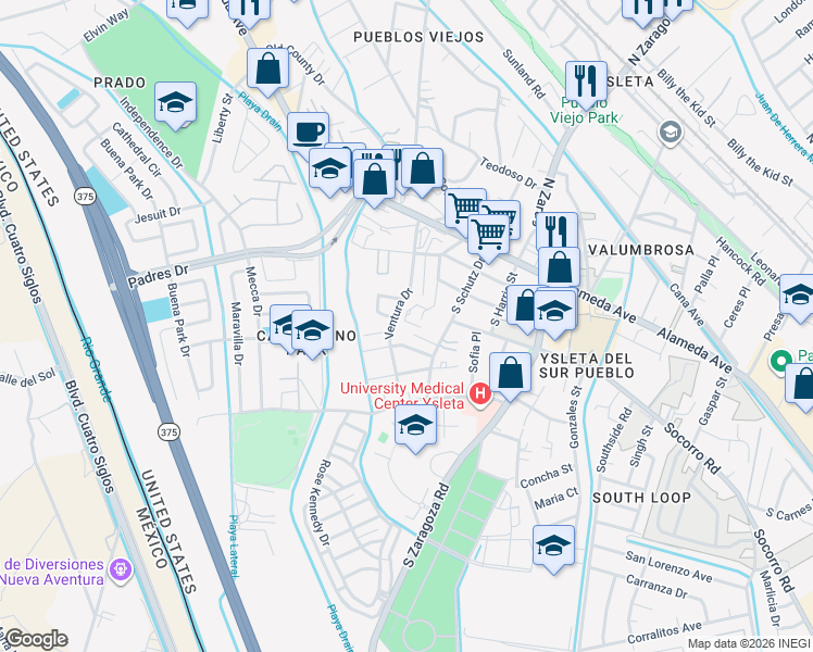 map of restaurants, bars, coffee shops, grocery stores, and more near 212 South Schutz Drive in El Paso
