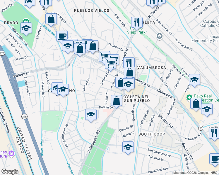 map of restaurants, bars, coffee shops, grocery stores, and more near 9023 Socorro Road in El Paso