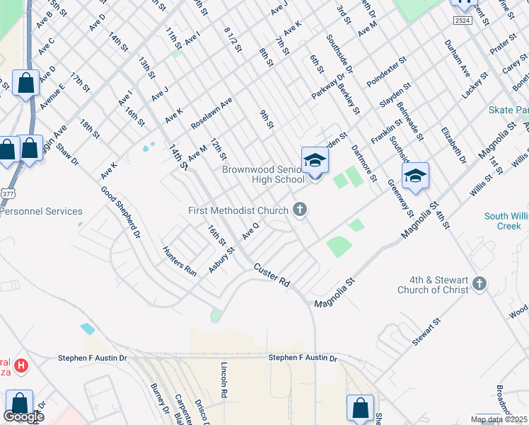 map of restaurants, bars, coffee shops, grocery stores, and more near 2406 12th St in Brownwood