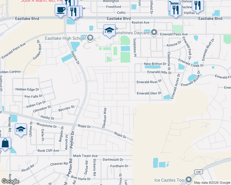 map of restaurants, bars, coffee shops, grocery stores, and more near 329 Duskwood Street in El Paso