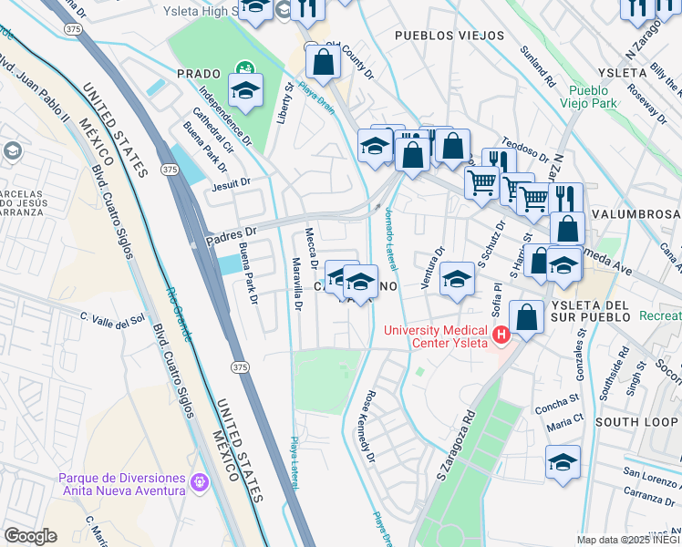 map of restaurants, bars, coffee shops, grocery stores, and more near 8754 Iglesia Circle in El Paso
