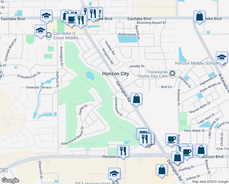 map of restaurants, bars, coffee shops, grocery stores, and more near 17001 Carson Drive in Horizon City