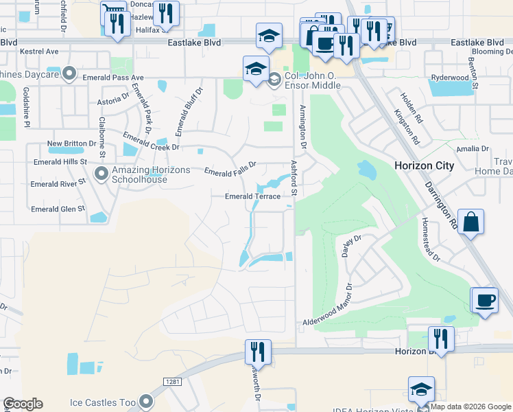 map of restaurants, bars, coffee shops, grocery stores, and more near 13421 Pine Valley Avenue in Horizon City
