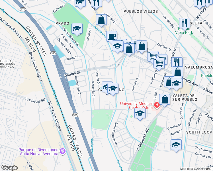 map of restaurants, bars, coffee shops, grocery stores, and more near 8754 Iglesia Circle in El Paso