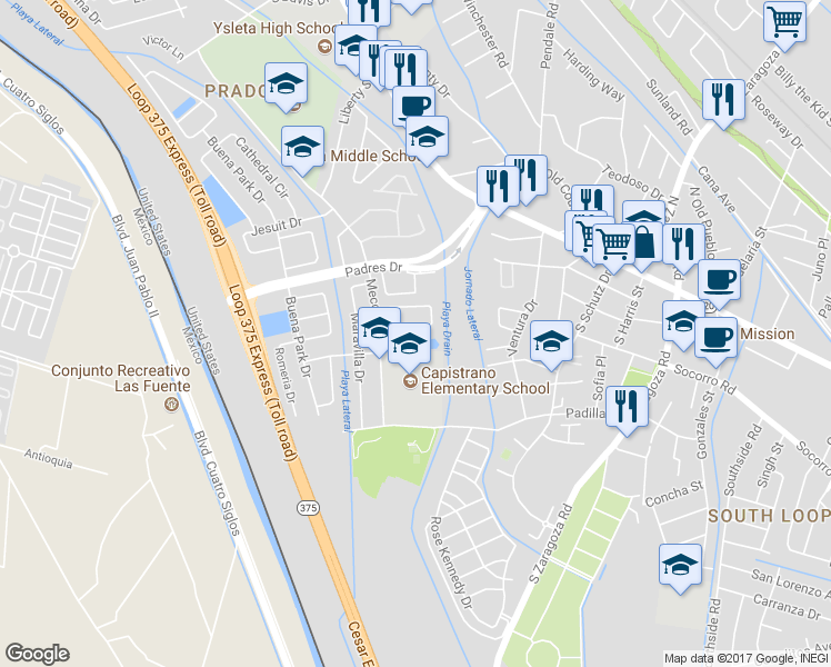 map of restaurants, bars, coffee shops, grocery stores, and more near 8754 Iglesia Circle in El Paso