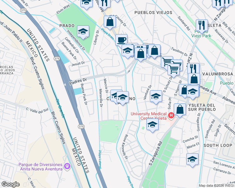 map of restaurants, bars, coffee shops, grocery stores, and more near 8754 Iglesia Circle in El Paso
