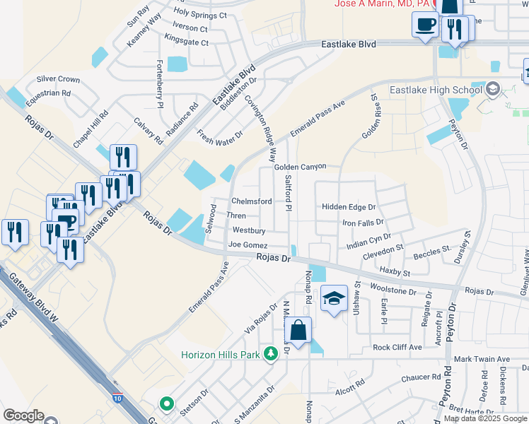 map of restaurants, bars, coffee shops, grocery stores, and more near 258 Silver Hill in El Paso