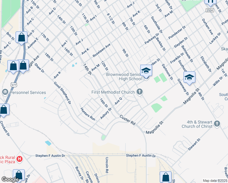 map of restaurants, bars, coffee shops, grocery stores, and more near 2310 13th Street in Brownwood
