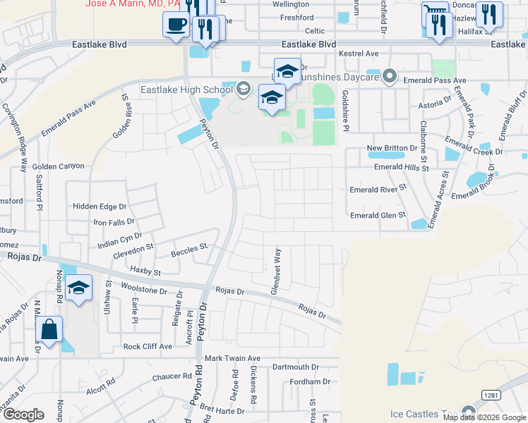 map of restaurants, bars, coffee shops, grocery stores, and more near Peyton Road in El Paso