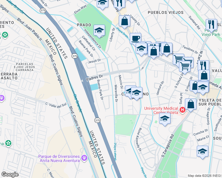 map of restaurants, bars, coffee shops, grocery stores, and more near 230 Romeria Drive in El Paso