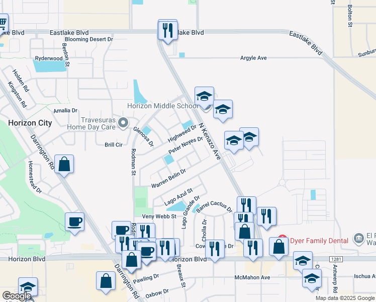 map of restaurants, bars, coffee shops, grocery stores, and more near 14133 De Stefano Lane in Horizon City