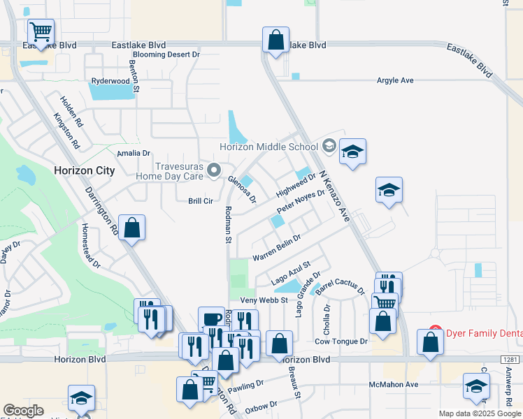 map of restaurants, bars, coffee shops, grocery stores, and more near 14040 Highweed Drive in Horizon City