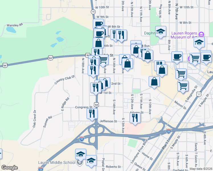 map of restaurants, bars, coffee shops, grocery stores, and more near 131 North 15th Avenue in Laurel