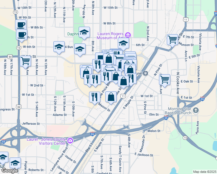 map of restaurants, bars, coffee shops, grocery stores, and more near 137 Leontyne Price Boulevard in Laurel