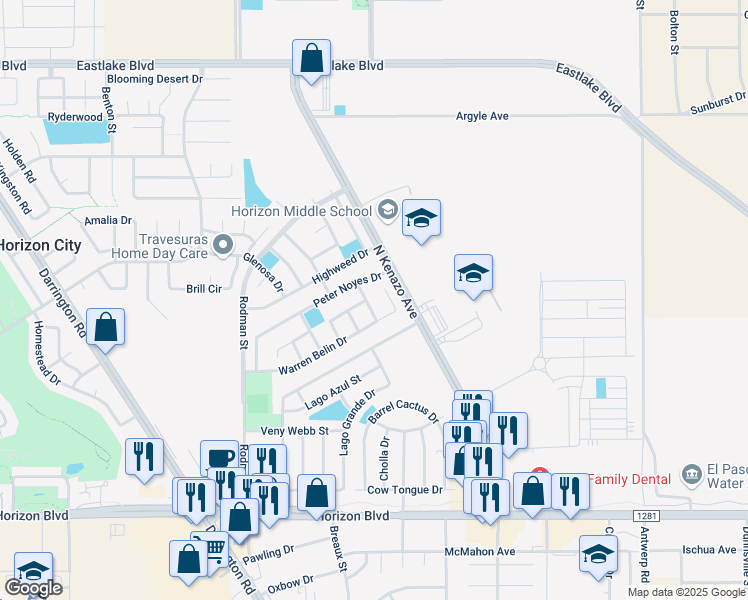 map of restaurants, bars, coffee shops, grocery stores, and more near 316 De Palma Place in El Paso