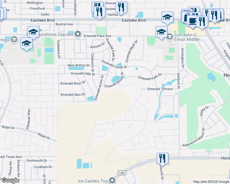 map of restaurants, bars, coffee shops, grocery stores, and more near 13444 Emerald Reef Drive in Horizon City