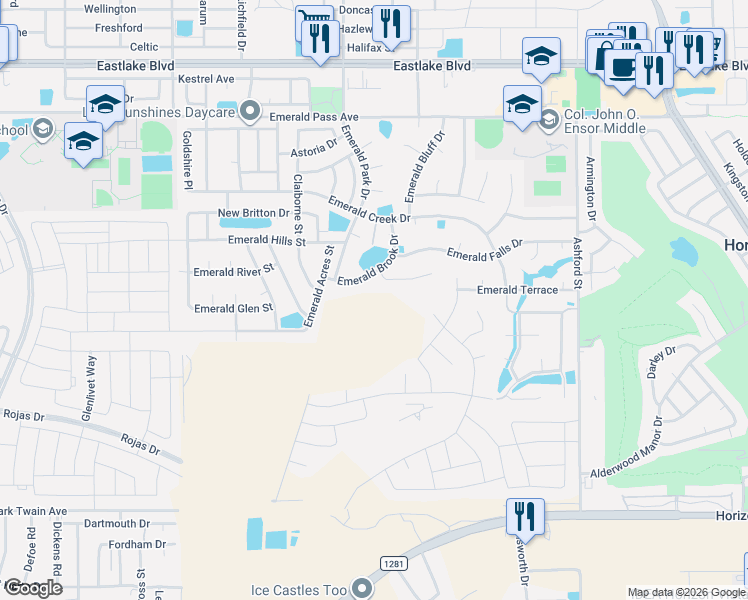 map of restaurants, bars, coffee shops, grocery stores, and more near 13444 Emerald Reef Drive in Horizon City