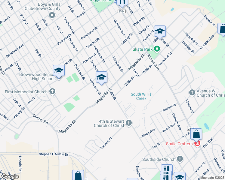 map of restaurants, bars, coffee shops, grocery stores, and more near 2800 4th Street in Brownwood