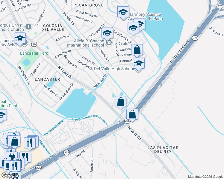 map of restaurants, bars, coffee shops, grocery stores, and more near 9555 North Loop Drive in Socorro