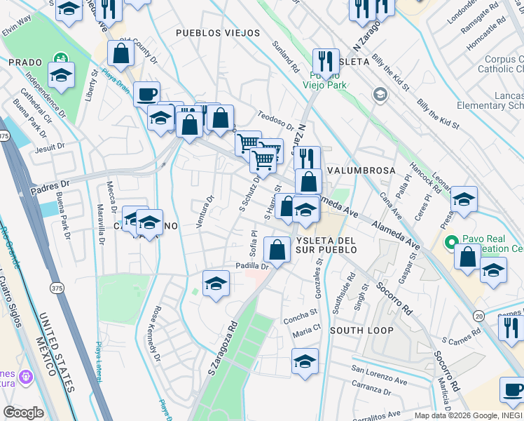 map of restaurants, bars, coffee shops, grocery stores, and more near 9023 Socorro Road in El Paso